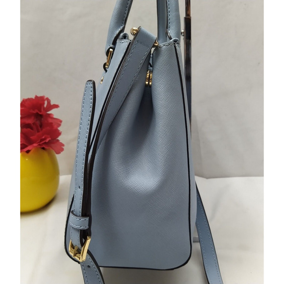 Michael Kors Blue Crossgrain Leather Carryall Double Handle Zipper Satchel Bag - Picture 4 of 16